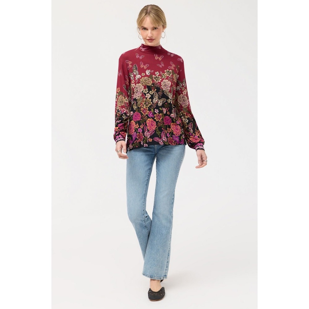 Johnny Was Janie Favorite Mock Neck Top Size PL Burgundy Butterfly Floral Comfy‎ - Picture 11 of 11